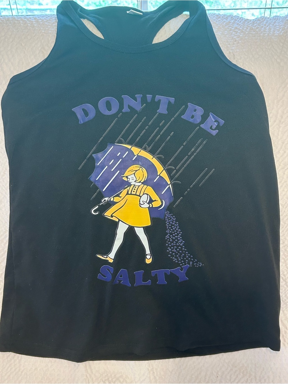 Black Graphic Tank "Don't Be Salty" with Yellow Umbrella Design
